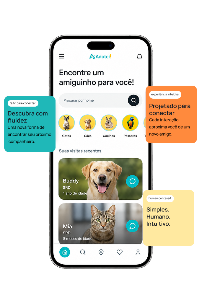 Aplicativo Adotei! com cards de funcionalidades flutuantes