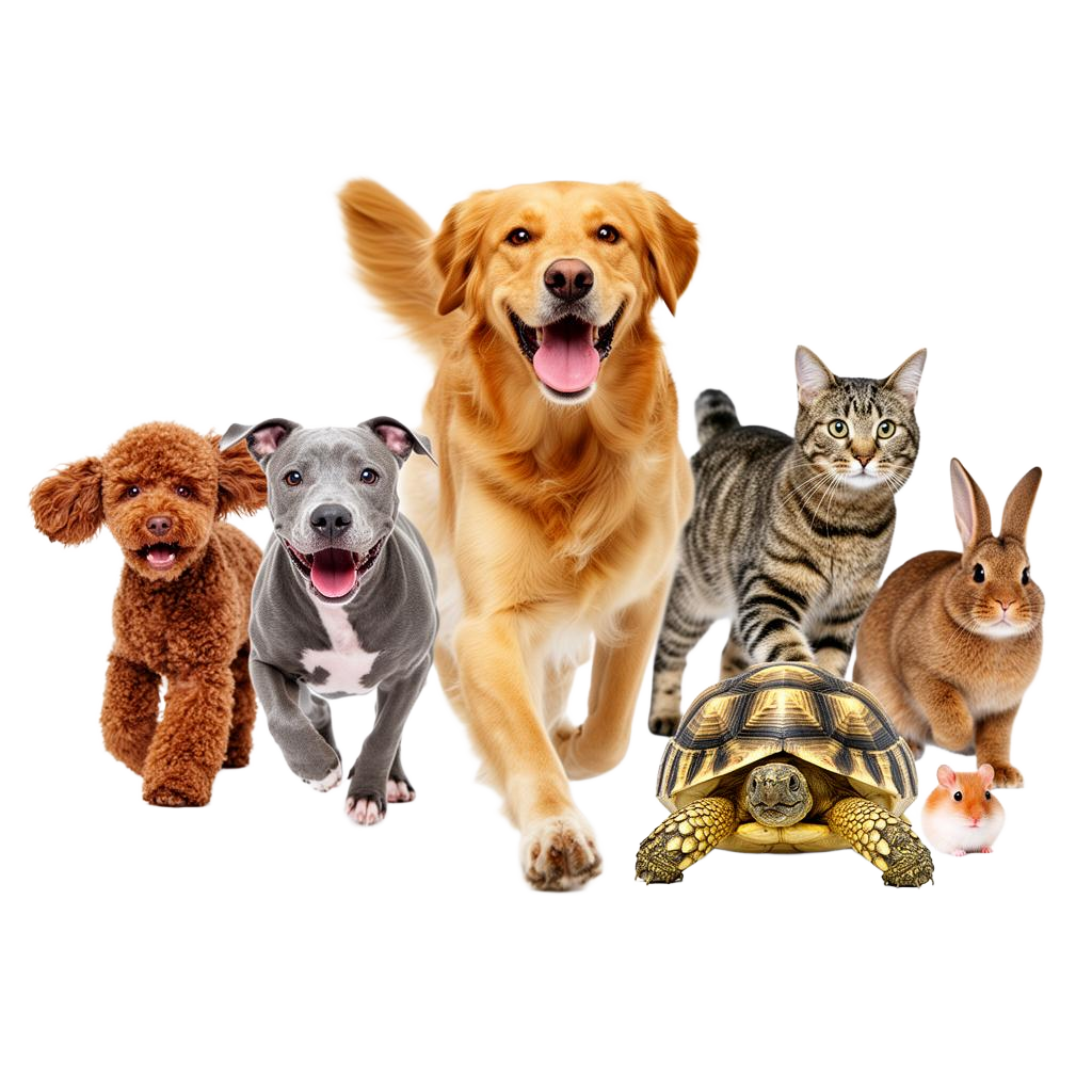 Grupo de pets felizes: cães, gato, coelho, tartaruga e hamster